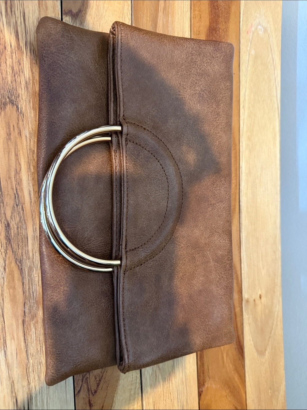 Brown Faux Leather Clutch with Gold Ring Handles